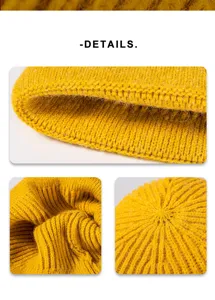 Detailed view of a solid yellow knit beanie showing premium texture, ribbing and crown stitch.