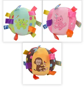 Plush tag toy ball with colorful ribbons and cute animal embroidery for baby and pets.