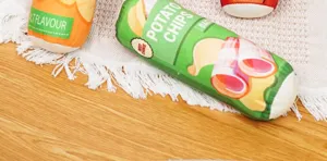 Cute plush potato chips pet toy, squeaky chew toy detail view for small dogs and puppies.