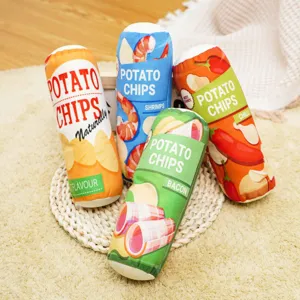 Cute plush potato chip pet chew toys with squeaker and crinkle paper, 4 vibrant flavor designs.