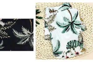 Tropical Hawaiian pet dog shirt detail, palm tree and flower print short sleeve pet summer apparel.