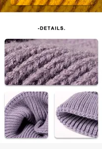 Detailed view of winter knitted beanie close-up texture faux rabbit fur warm hat