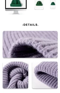 Winter thickened warm knitted beanie hat detail view, soft cozy wool texture for cold days.