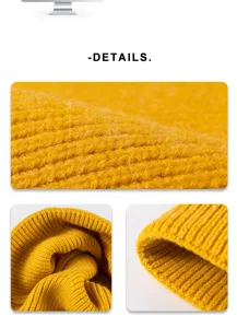 Close-up detail of soft yellow knitted beanie fabric texture showing premium winter wool elasticity.