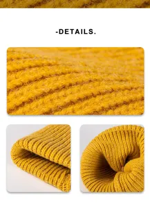 Close-up detail of yellow winter knit beanie hat, showing soft texture and premium woolen fabric.