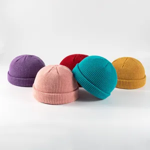 Colorful knitted docker cap for winter, stylish solid color brimless fisherman hat for women.