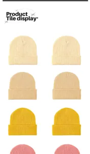 Detailed view of colorful acrylic knit beanie hats showing various vibrant winter colors.