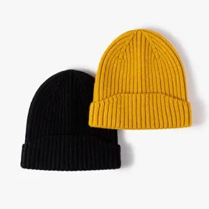 Ribbed knit beanie winter warm wool hat stylish casual couple soft solid color cap