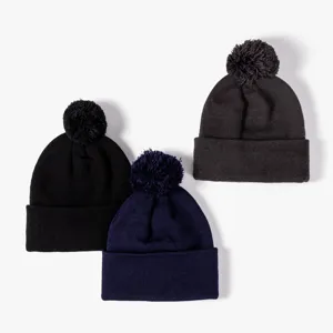 Winter Fleece Lined Knit Hat For Men Women Solid Color Warm Beanie With Pom Pom Casual Thickened Acrylic Ski Cap