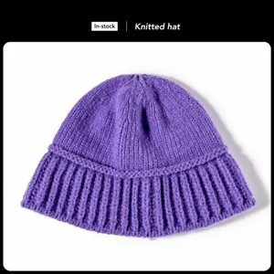 Purple knitted hat for women autumn winter warm solid color casual beanie soft cozy headwear new
