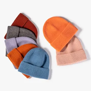 Solid color knit beanie hats for autumn and winter, multi-color casual wool caps set.