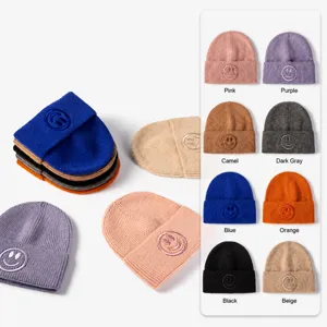 Autumn winter knit beanie hat for men and women, cute smiley face embroidered warm cold hat.