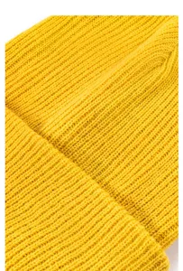 Yellow ribbed knit beanie hat texture detail close-up view cozy winter warm apparel accessory.