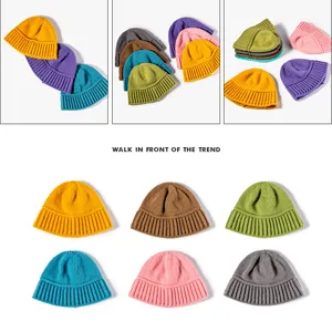 Autumn winter solid color knitted beanie hat casual wool yarn warm cap for women men
