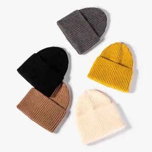 Solid color warm winter knit beanie hat, casual ribbed soft wool cap for men and women