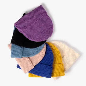Colorful ribbed knit beanie hat set, winter warm roll-edge couple caps in multiple colors.