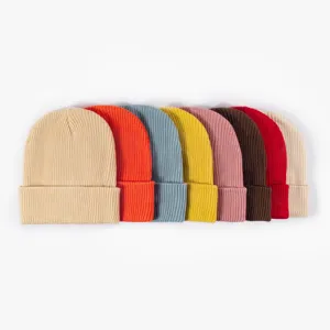 Colorful acrylic ribbed knit beanie hat for women and men, warm winter solid color cap