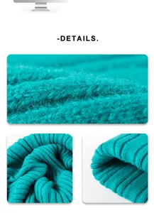 Detailed close-up view of the teal knitted beanie texture, showcasing soft yarn and rib knit.
