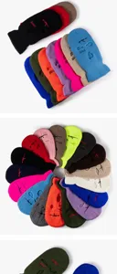 Detailed view of multi-color 3-hole knitted balaclava with savage embroidery for outdoor sports.