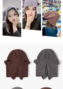 Women autumn winter knit beanie hat cute ear hollow warm slouchy wool cap casual daily wear
