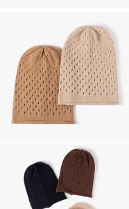 Detailed view of women knitted hollow slouchy beanie hats, breathable casual cotton autumn caps.
