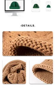 Close-up details of the knitted hollow-out slouchy beanie showing soft cotton texture.