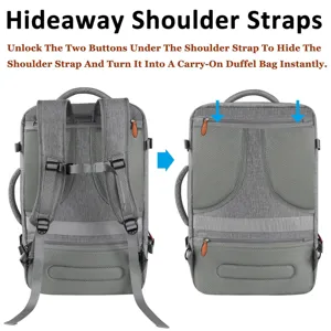 Detailaufnahme des grauen Business-Rucksacks mit verstaubaren Schultergurten für Reisen.
