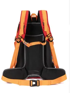 Detaillierte Ansicht des rot-orangen Outdoor-Wanderrucksacks mit atmungsaktivem Netz-Rücken.