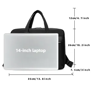 Schwarze professionelle Business Laptoptasche mit 14-Zoll Computer und klaren Massangaben.