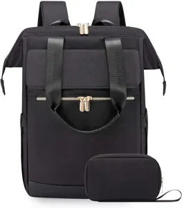Schwarzer minimalistischer Damen Reise Laptop Rucksack mit Tasche, grosse Kapazitaet.
