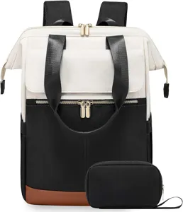 Stilvoller Damen Laptop Rucksack in Farbblock Design, grosse Schultasche mit kleiner Tasche.