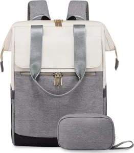 Minimalistischer, zweifarbiger Laptop-Rucksack und Taschen-Set in Grau und Beige für Reisen.