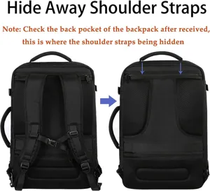 Schwarzer Reise-Rucksack mit versteckbaren Schultergurten und praktischem Staufach.