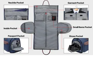 Detailansicht des multifunktionalen Reisesackes mit vielen Taschen und Fach für Anzüge.