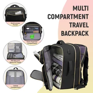 Multifunktionaler Reise-Rucksack in Schwarz mit Golddetails, Laptopfach und Nassfach.