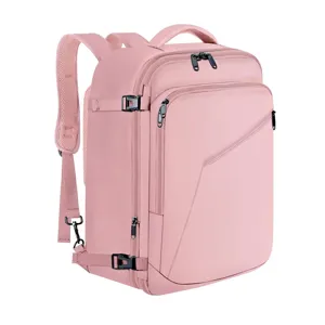 Rosa Reise-Rucksack Detailansicht mit grossem Laptopfach und robusten Reissverschraengen.