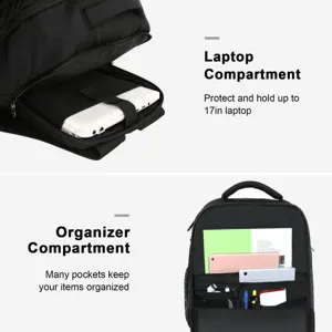 Schwarzer Reise Laptop Rucksack Detailansicht mit 17 Zoll Fach und Organizer Taschen.