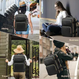 Lifestyle-Detail des schwarzen Laptop-Rucksacks mit V-Steppung und goldenen Reißverschlüssen.