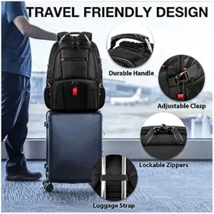 Reisefreundlicher Laptop-Rucksack Detailansicht mit robustem Griff und Reißverschlüssen.