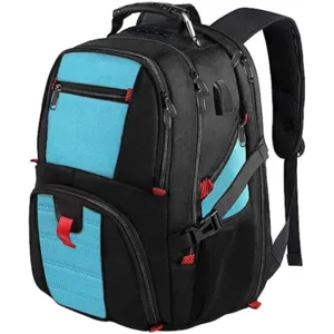 Detailansicht des multifunktionalen schwarz-blauen Laptop-Rucksacks mit USB-Anschluss.