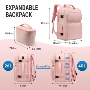 Detailansicht des erweiterbaren rosa Rucksacks mit Maßen von 18 Zoll und 40L Speicherkapazität.