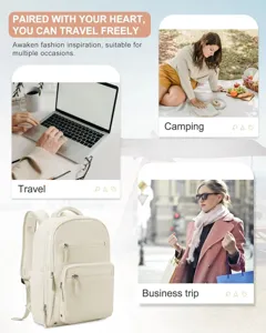 Detaillierter Blick auf den beige Reiserucksack mit großem Fassungsvermögen und Fächern.
