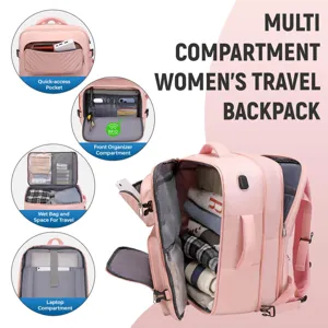 Detailansicht des rosa Reise-Rucksacks mit mehreren Fächern, Laptopfach und Nässefach.