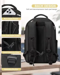 Schwarzer Reise Laptop Rucksack Rückendesign Detailansicht mit atmungsaktivem Kissen und Tasche.