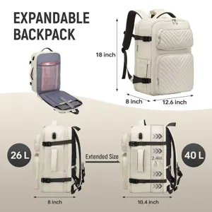 Erweiterbares Rucksack-Detail mit großem Fassungsvermögen und genauen Abmessungen.