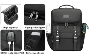 Detailansicht des Vintage Oxford Laptop-Rucksacks mit USB-Anschluss und grossem Stauraum.