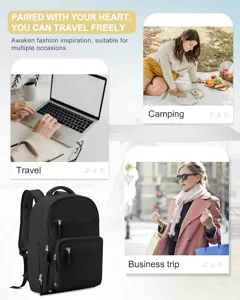 Detailansicht des schwarzen Reise-Rucksacks mit mehreren Fächern für den täglichen Weg.