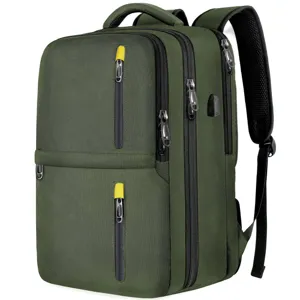 Dunkelgrüner Reise-Laptop-Rucksack mit vielen Fächern, USB-Anschluss und robustem Stoff.