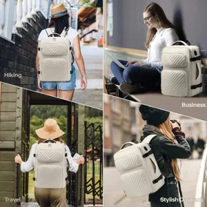 Detailansicht des multifunktionalen Laptop-Rucksacks mit geräumigen Fächern und Taschen.