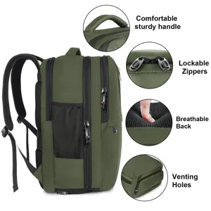 Detailansicht des olivgrünen Laptoprucksacks mit stabilem Griff und verschließbaren Reißverschlüssen.